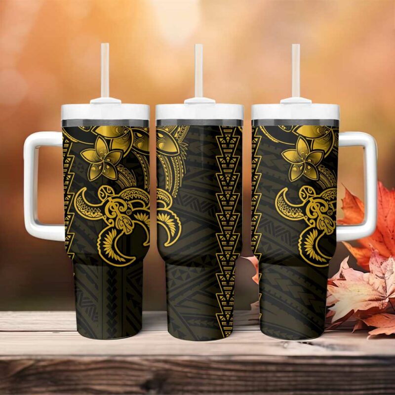 Yellow Hawaiian Kakau Turtle Polynesian Tribal Custom Stanley Quencher 40oz Stainless Steel Tumbler With Handle - Threewoofs - Image 4