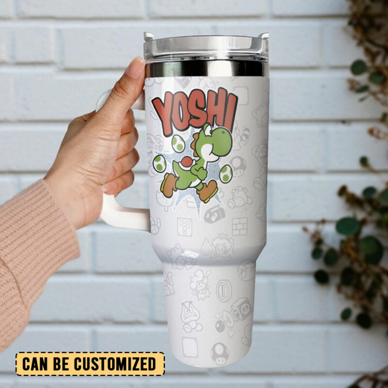 Yoshi Super Mario Games Custom Stanley Quencher 40oz Stainless Steel Tumbler With Handle - Threewoofs - Image 3