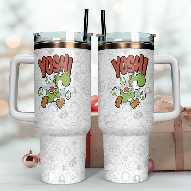 Yoshi Super Mario Games Custom Stanley Quencher 40oz Stainless Steel Tumbler With Handle - Threewoofs - Image 4