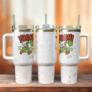 Yoshi Super Mario Games Custom Stanley Quencher 40oz Stainless Steel Tumbler With Handle - Threewoofs
