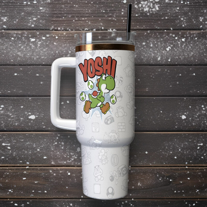 Yoshi Super Mario Games Custom Stanley Quencher 40oz Stainless Steel Tumbler With Handle - Threewoofs - Image 2