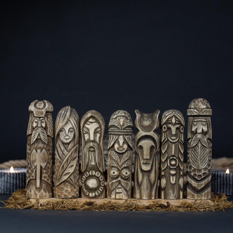 Set Of Scandinavian Gods, Handcrafted Wooden Sculptures. Gods Of Nature, Beauty And Chaos. Viking Carving Home Decor Statue. Gift For Mum
