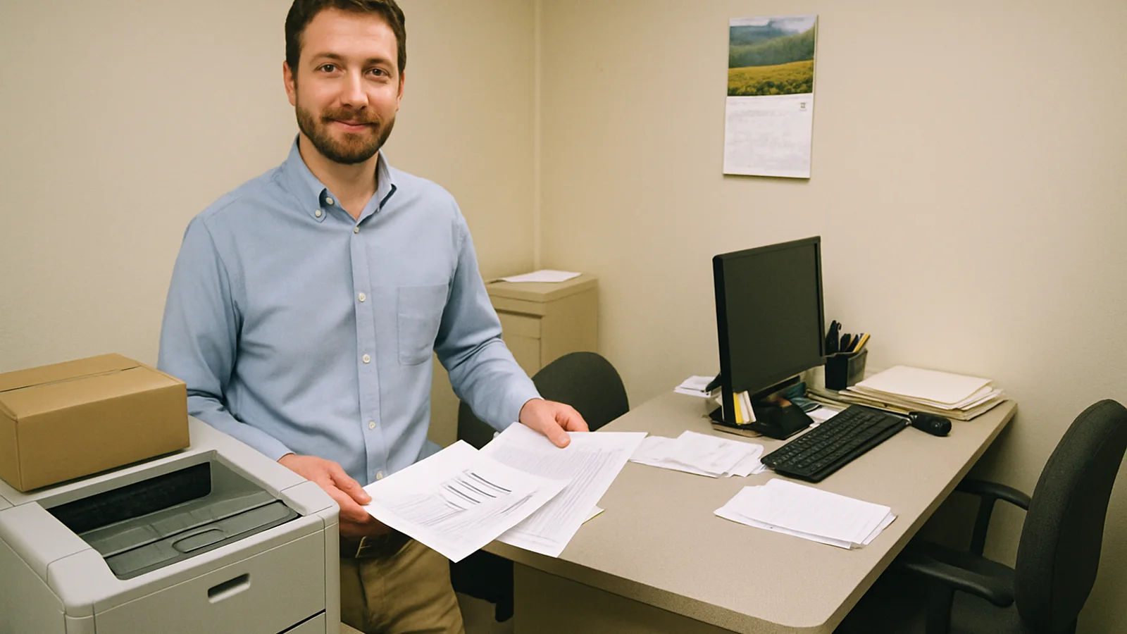 Small business worker using a laser printer