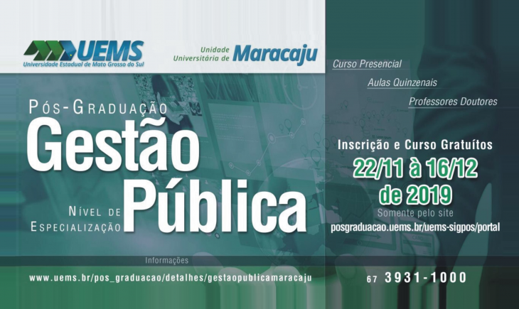UEMS de Maracaju abre inscrições para nova turma de Pós-Graduação em Gestão Pública. Saiba mais.