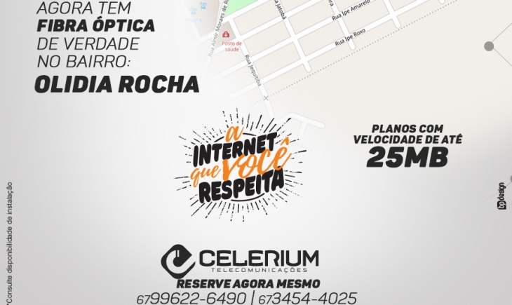 Internet fibra óptica da Celerium Telecomunicações chega ao Bairro Olídia Rocha e já está disponível para contratação. Saiba mais.