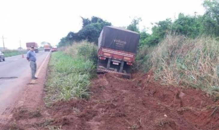 Anaurilândia: Carreta com soja vai parar em matagal após motorista desviar de buraco