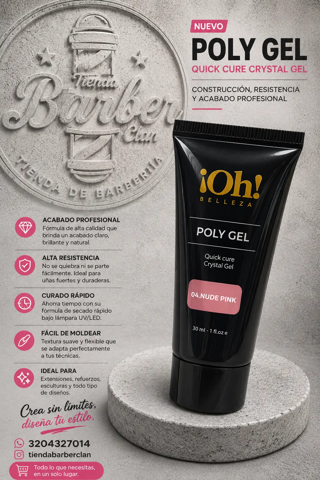POLY GEL OH BELLEZA NUDE PINK 30ML OH BELLEZA MANICURE Y PEDICURE UÑAS 230906 - Tienda Barber Clan
