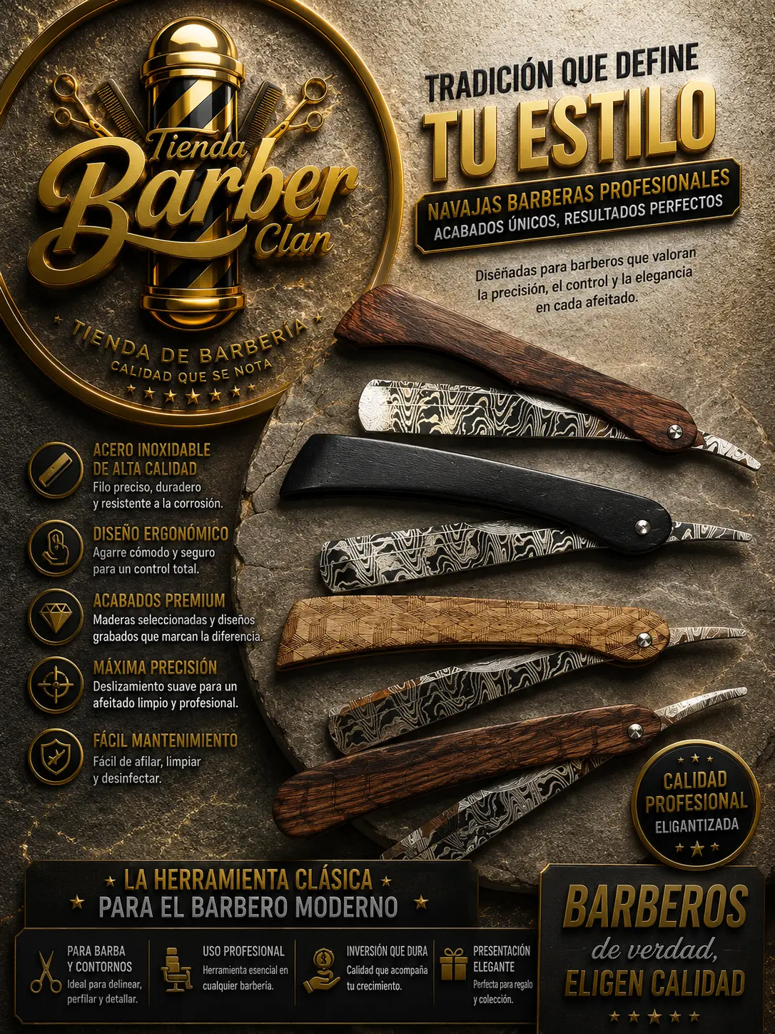 NAVAJA MANGO MADERA DISEÑO CHINA 098754002 - Tienda Barber Clan