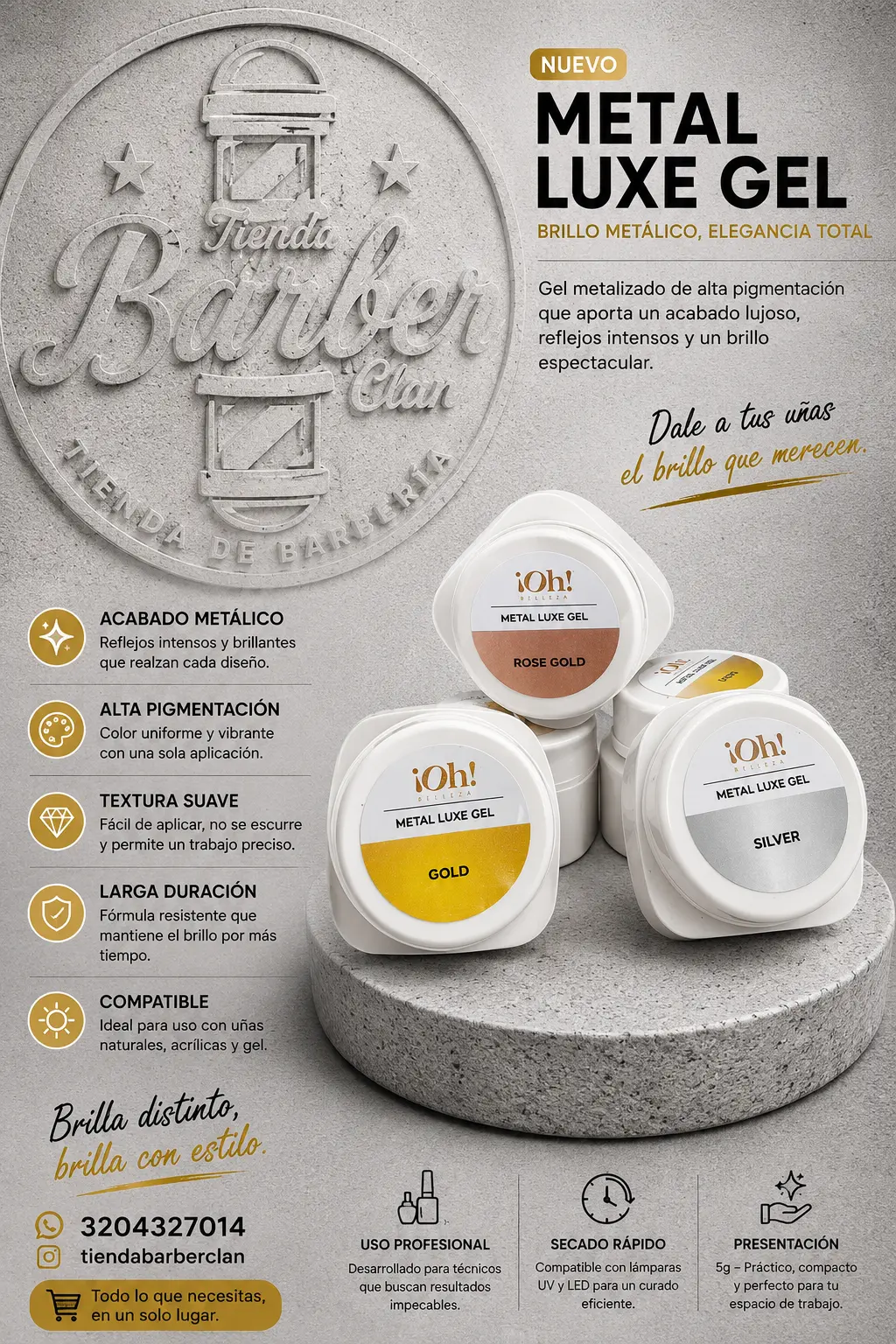 GEL METALIZADO ORO - PLATA-ORO ROSA OH BELLEZA OH BELLEZA 000230932 - Tienda Barber Clan