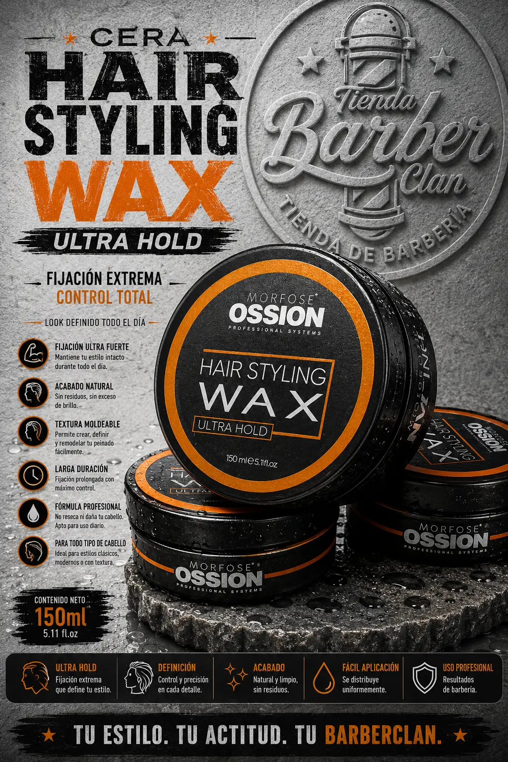 CERA HAIR WAX ULTRA HOLD NARANJA 150 ML OSSION CERAS 8681701002962 - Tienda Barber Clan