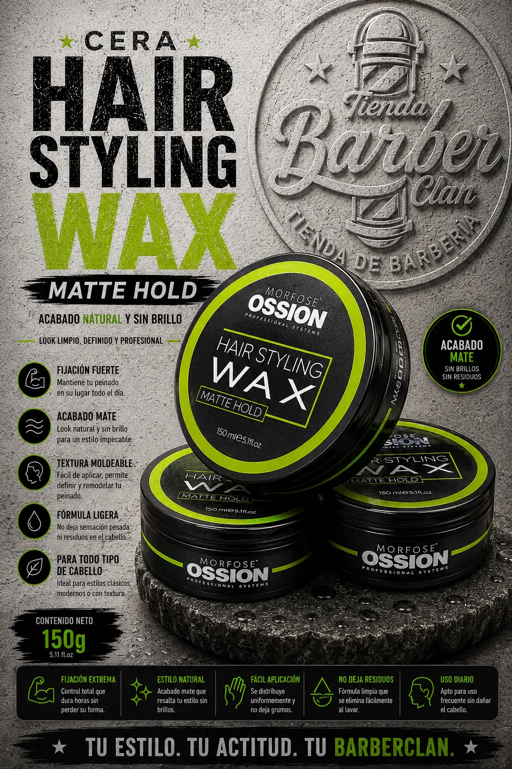 CERA HAIR WAX MATTE HOLD VERDE 150 ML OSSION CERAS 8681701002948 - Tienda Barber Clan