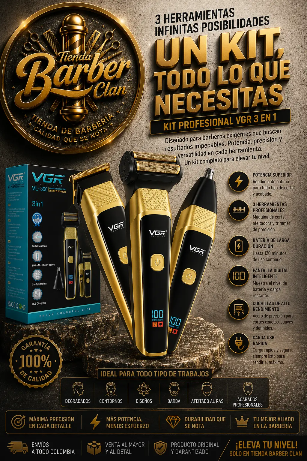MAQUINA 3 EN 1 VGR 366 VGR MAQUINAS SHAVER DE AFEITAR 6973224083668 - Tienda Barber Clan