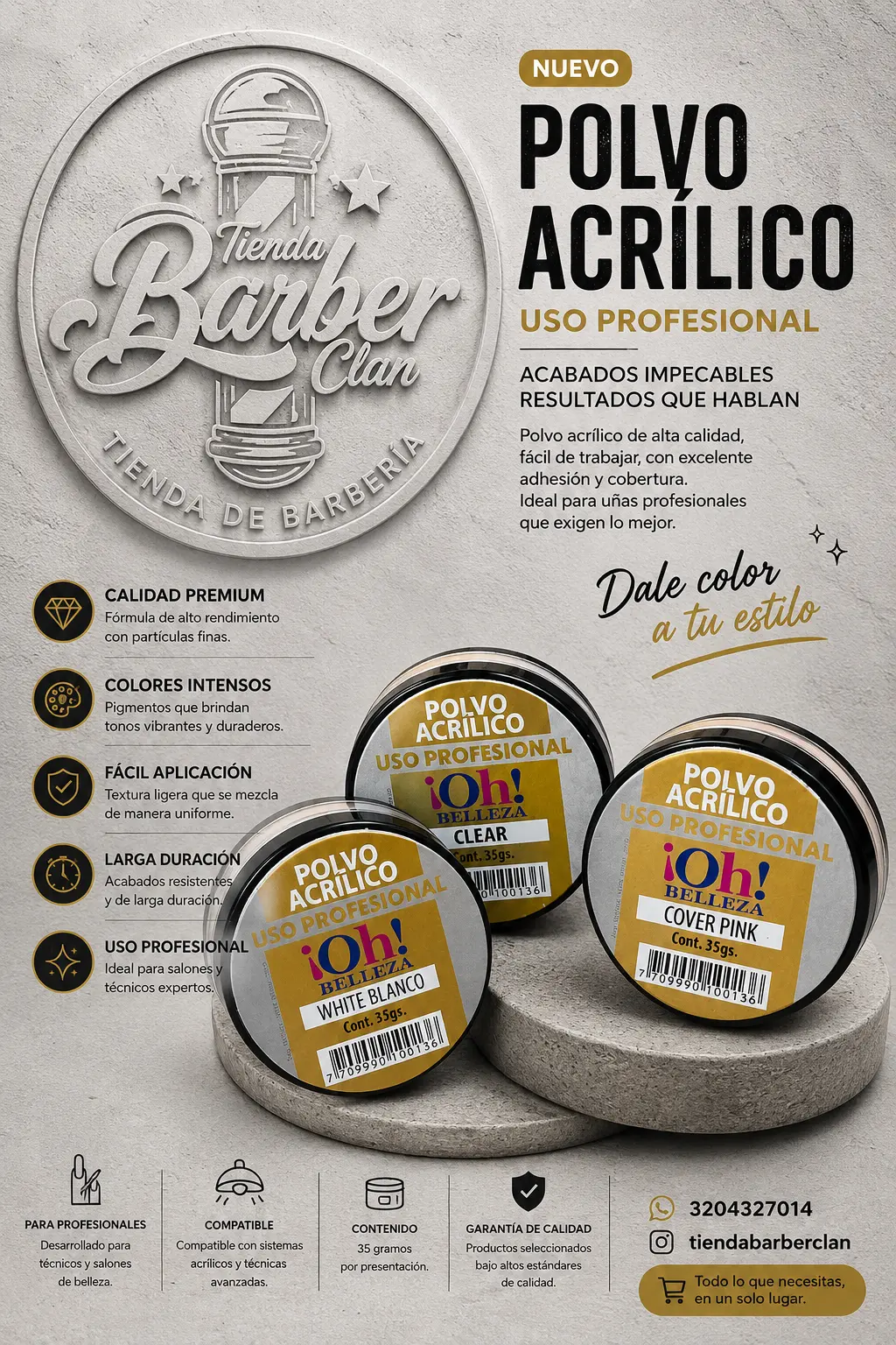 POLVO ACRILICO X 35GR OH BELLEZA OH BELLEZA MANICURE Y PEDICURE UÑAS 7709990100136 - Tienda Barber Clan