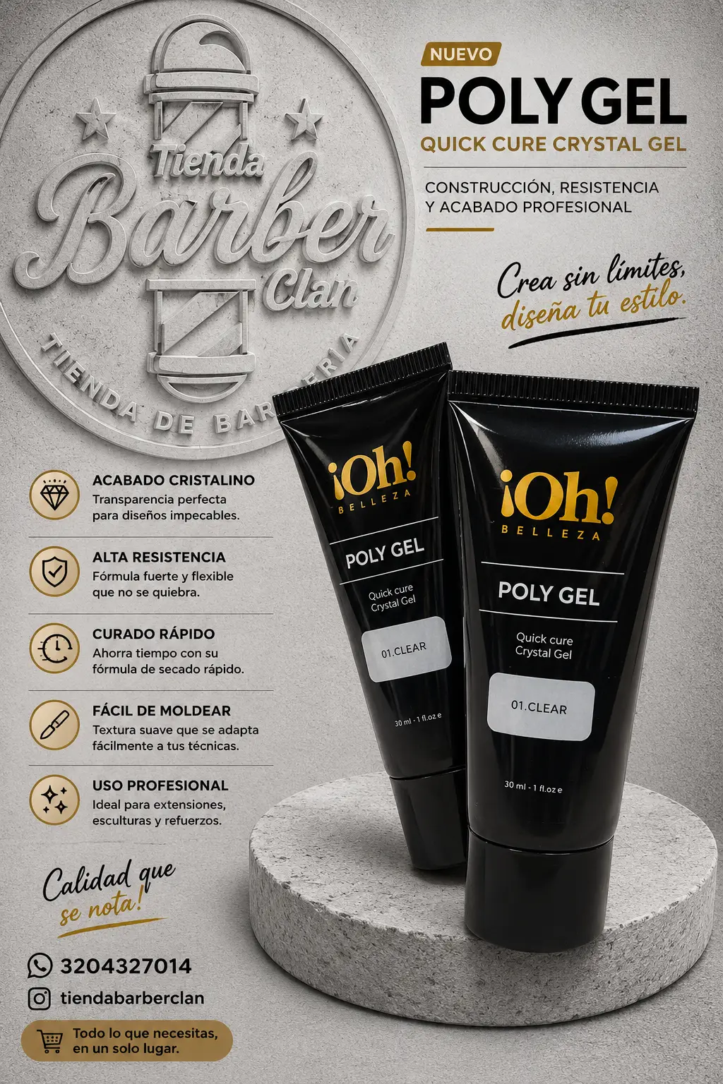 POLY GEL 01 CLEAN X 60 ML OH BELLEZA MANICURE Y PEDICURE UÑAS 240403 - Tienda Barber Clan