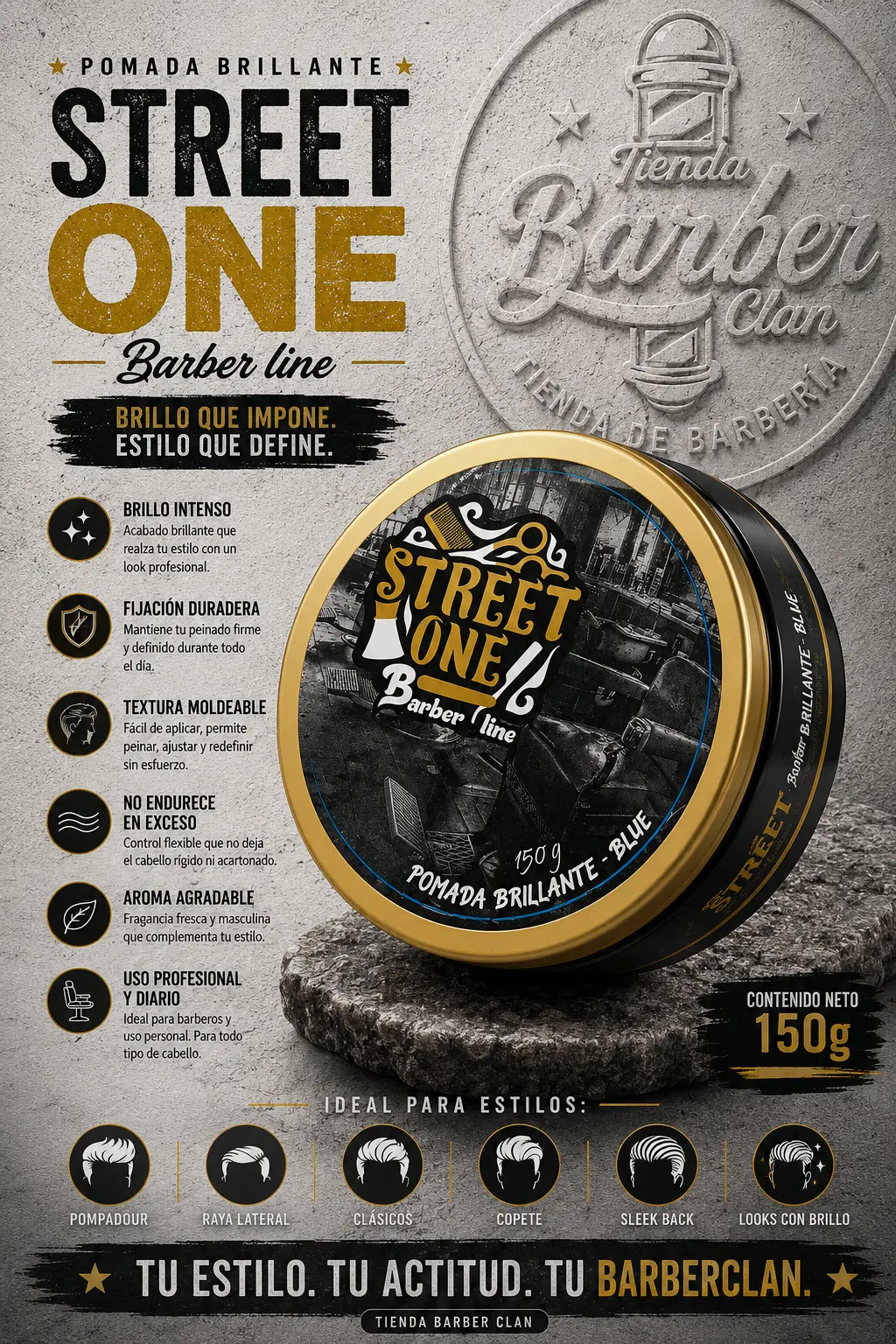 POMADA BRILLANTE STREET ONE 150GR STREET ONE CERAS 2352214406 - Tienda Barber Clan