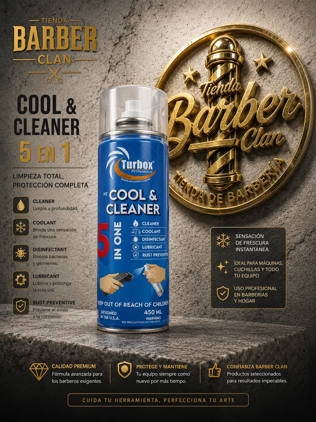 DESINFECTANTE COOL Y CLEANE 5 EN 1 TURBOX ,DESINFECTANTE Y LUBRICANTES DE MAQUINAS 7708300949465 - Tienda Barber Clan