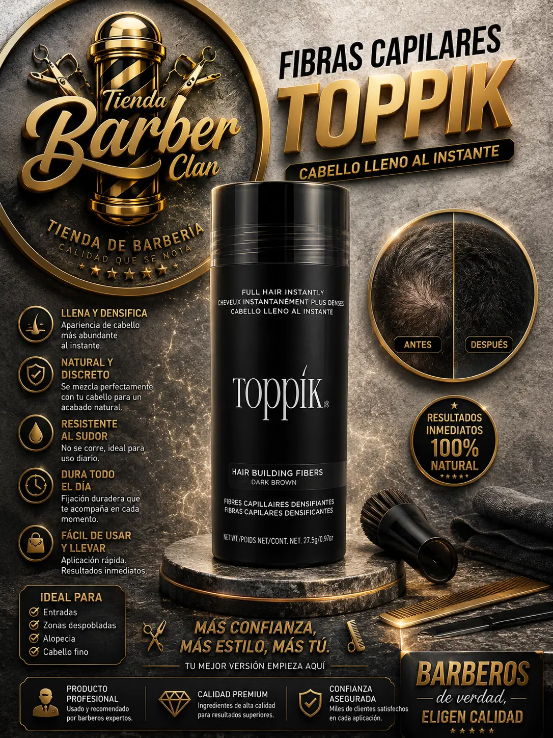 FIBRA NEGRA CAPILAR TOPPIK 27.5 GR TOPPIK PIGMENTOS,FIBRAS CAPILARES 667820011014 - Tienda Barber Clan