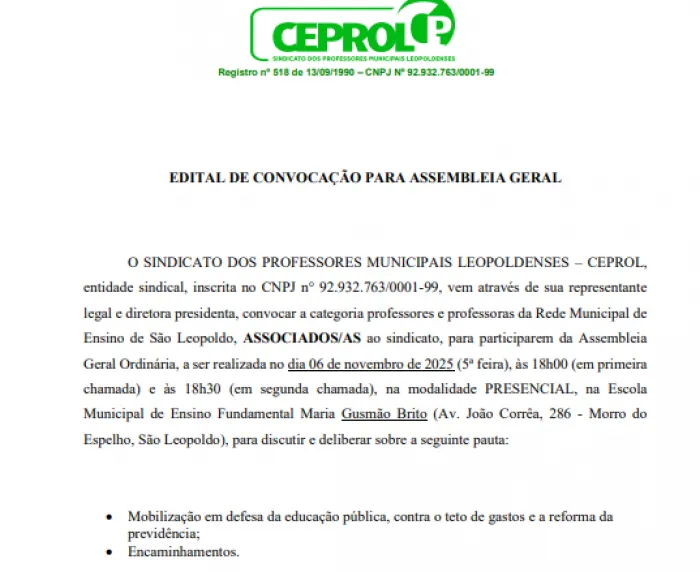 CHAMADA PARA ASSEMBLEIA GERAL CEPROL - 06/11/25