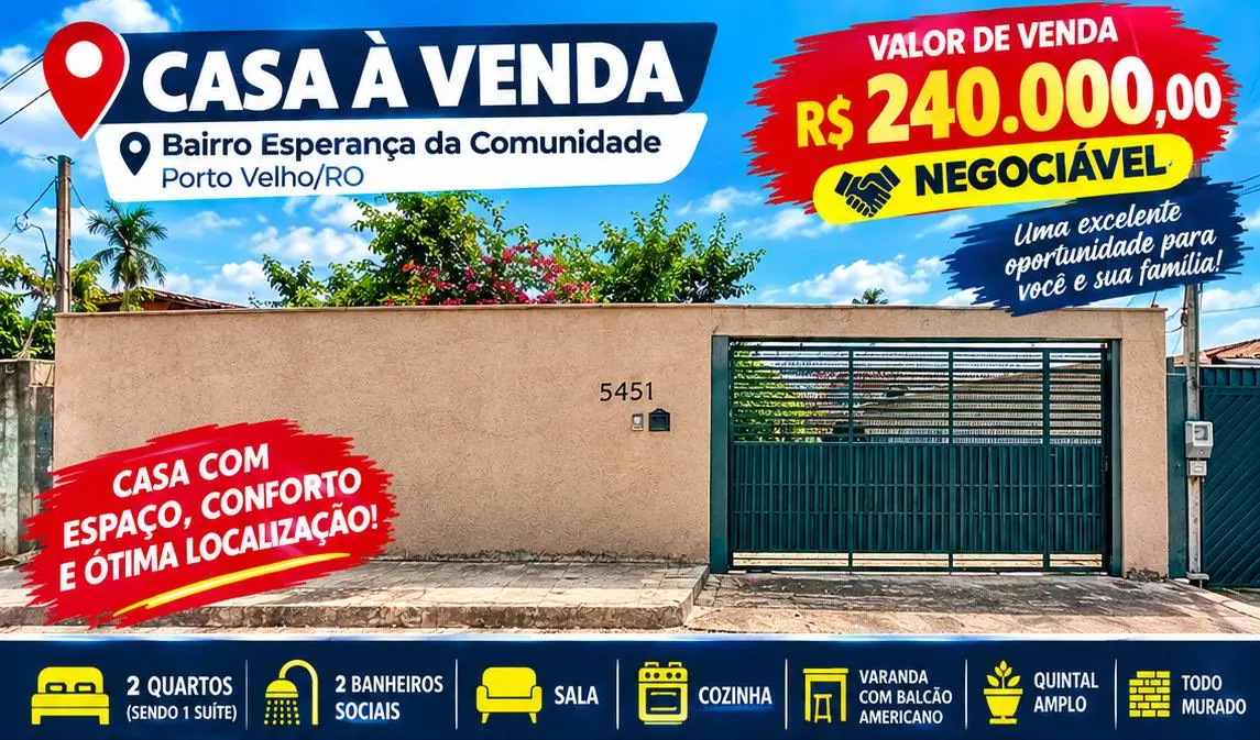 Casa à Venda – Bairro Esperança da Comunidade | Porto Velho/RO