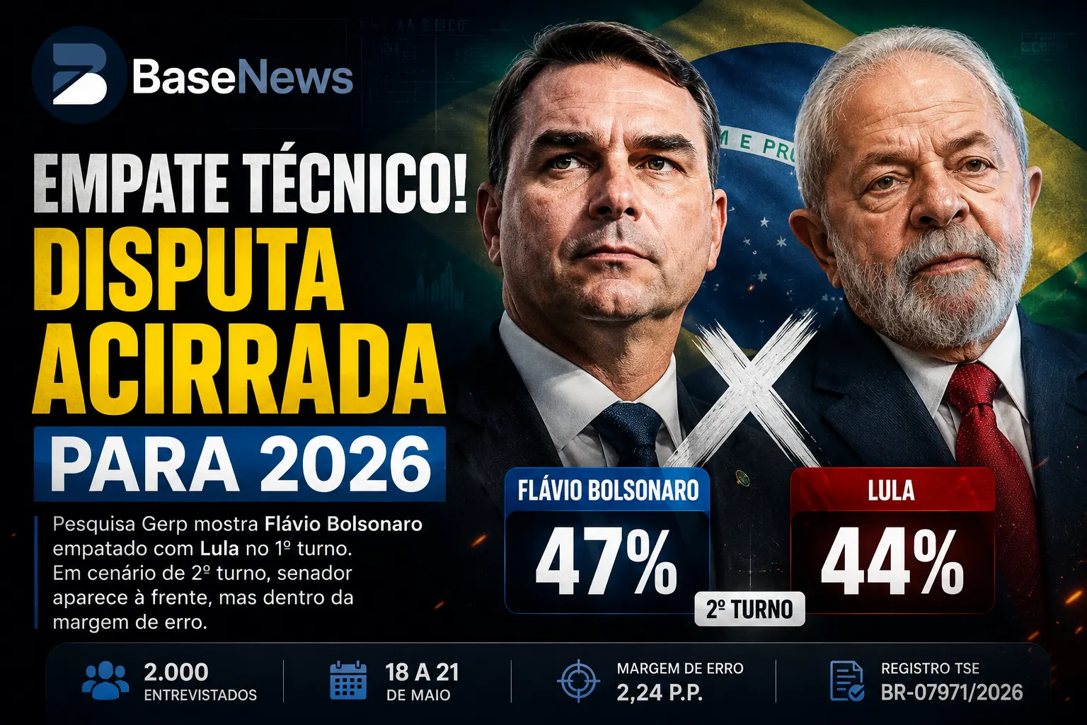Pesquisa mostra disputa acirrada entre Flávio Bolsonaro e Lula para 2026