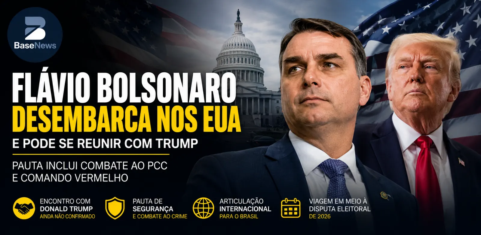 Flávio Bolsonaro desembarca nos EUA e pode se reunir com Trump em meio à pauta contra facções criminosas