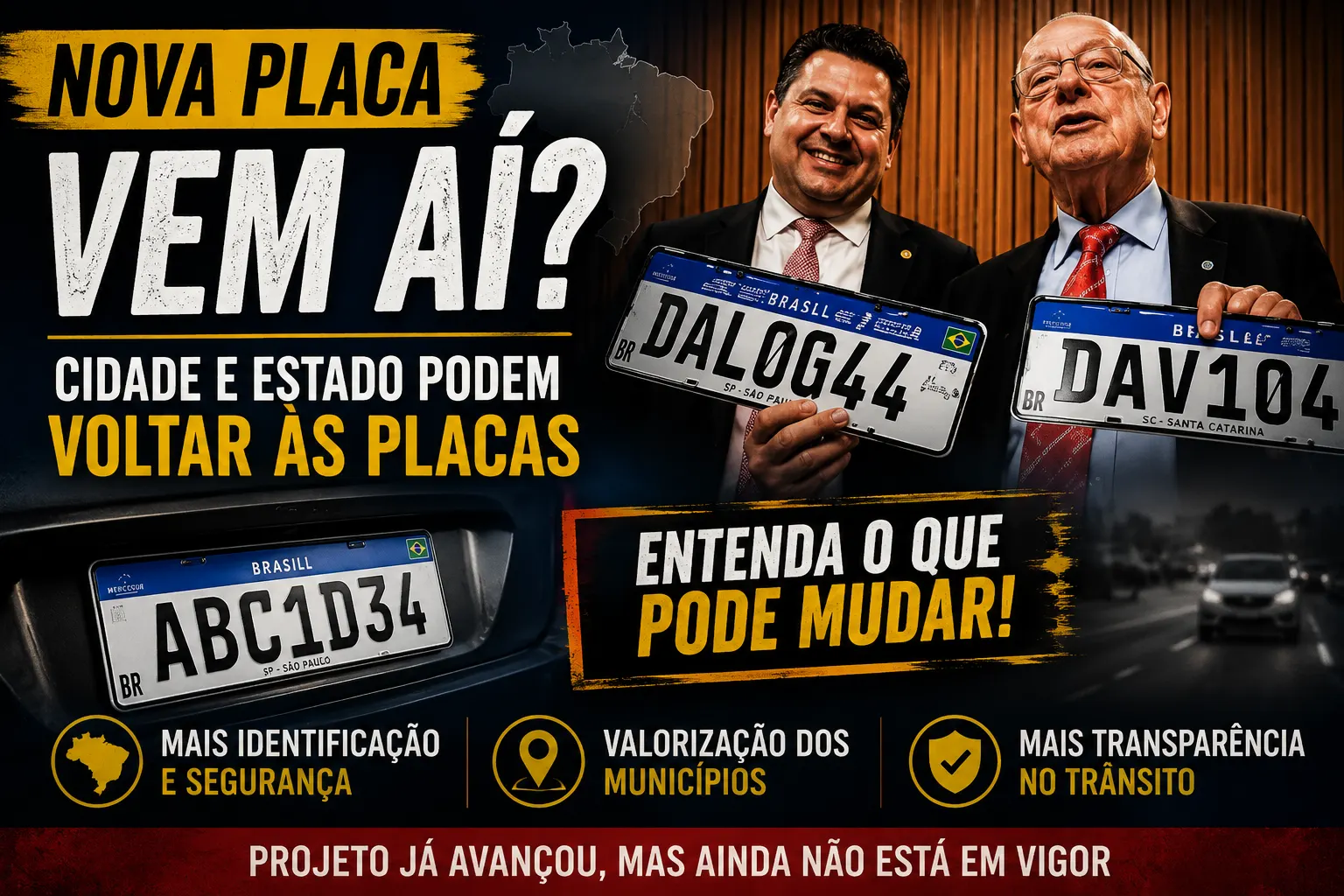 Cidade e estado podem voltar às placas dos carros: projeto avança e mudança pode alterar padrão Mercosul