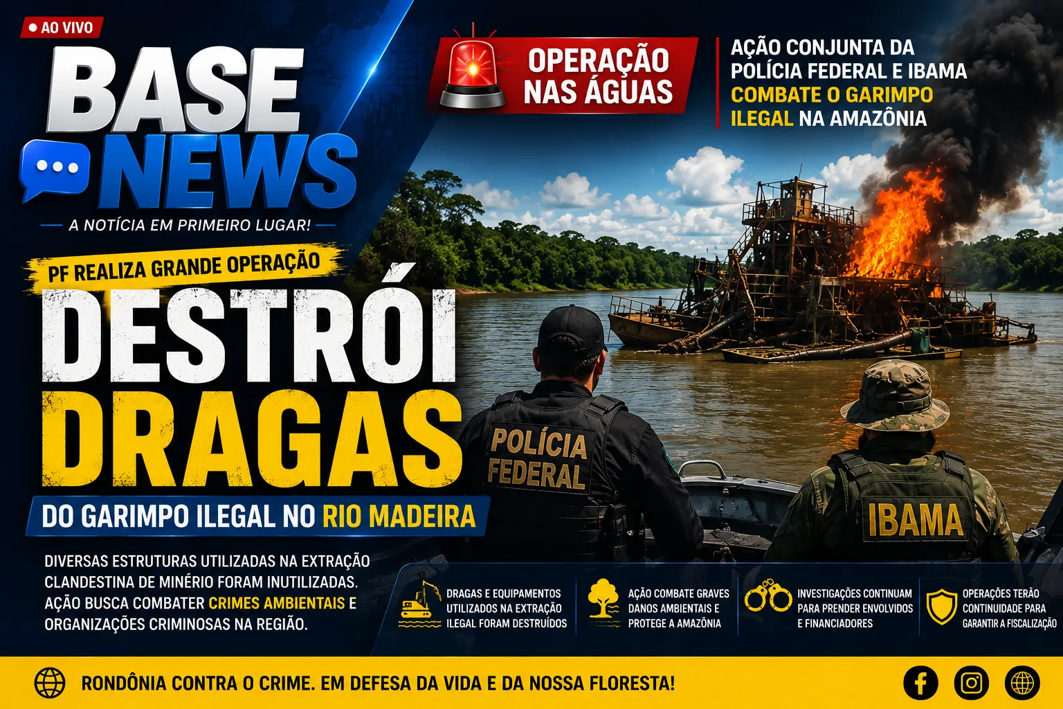 PF realiza grande operação no Rio Madeira e destrói estruturas do garimpo ilegal em Rondônia
