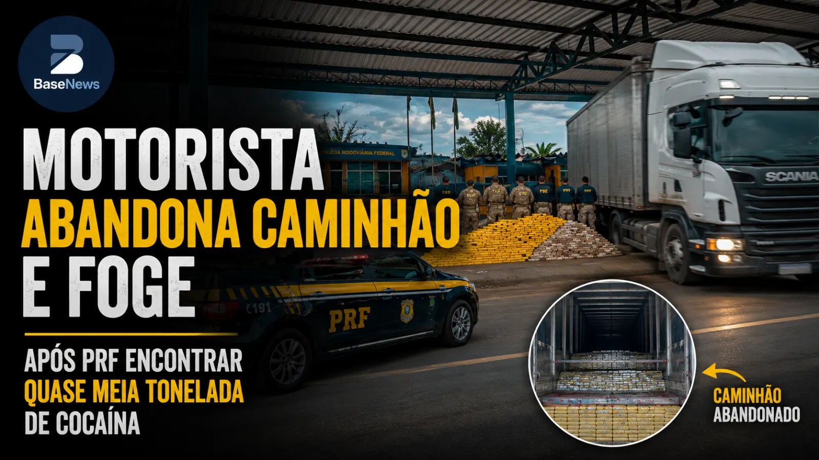 Motorista abandona caminhão em movimento e foge após PRF encontrar quase meia tonelada de cocaína