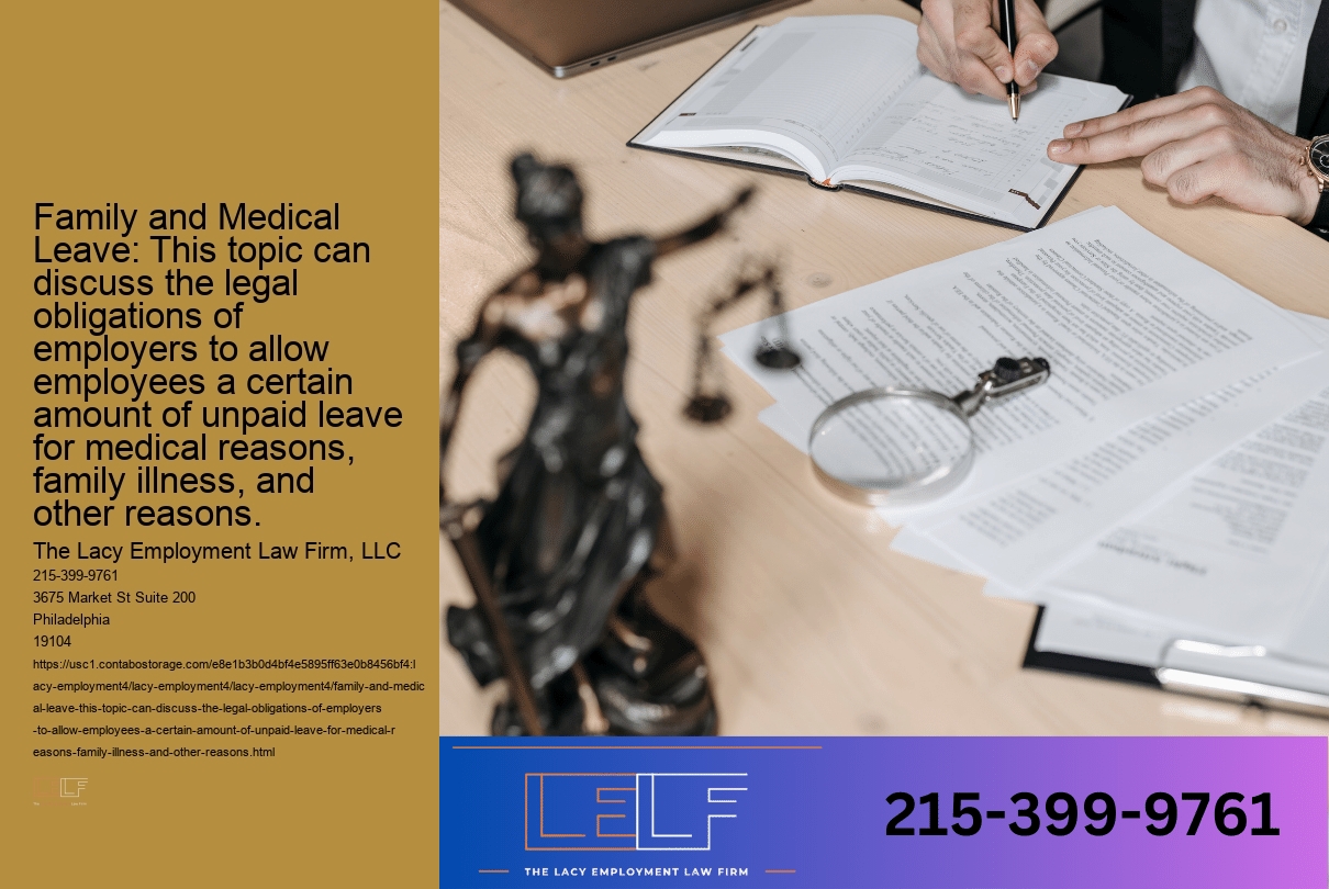Family and Medical Leave: This topic can discuss the legal obligations of employers to allow employees a certain amount of unpaid leave for medical reasons, family illness, and other reasons.