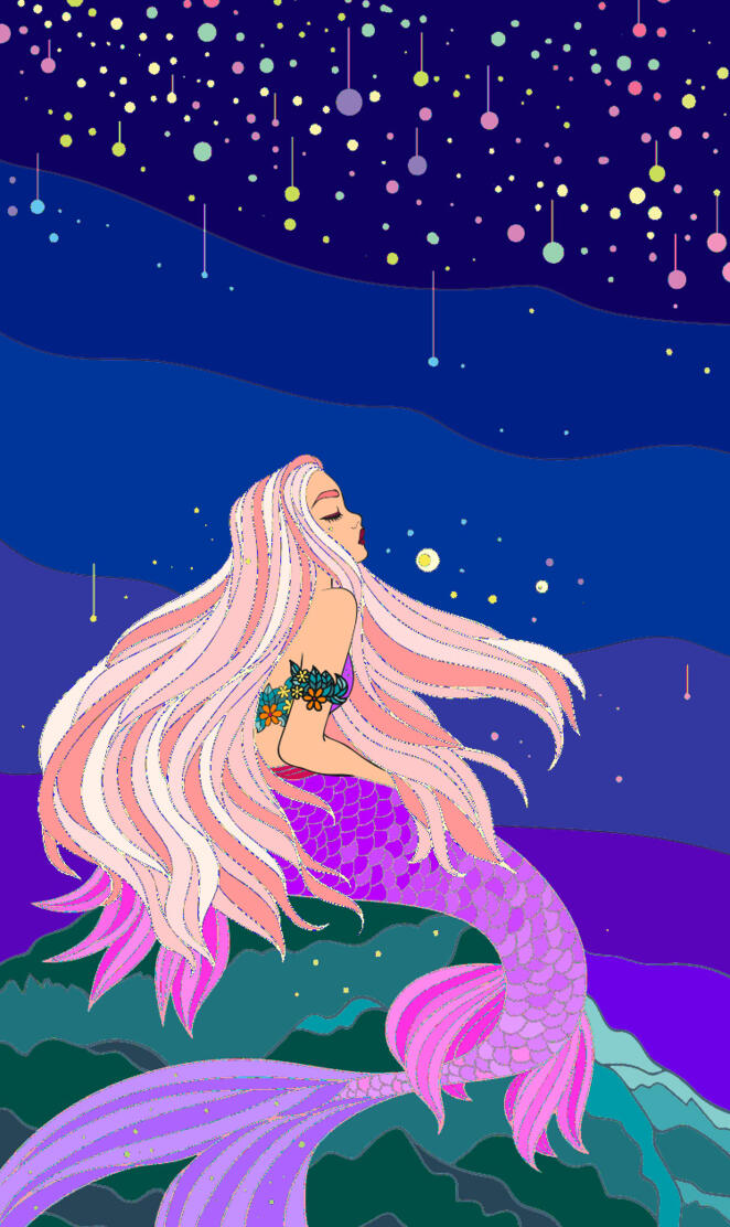 Mermaid below stars 