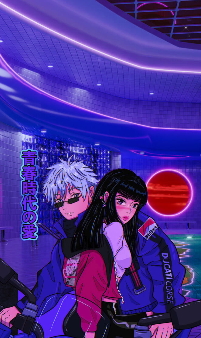Vaporwave anime bikers