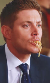 Dean eating noodles