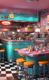 a bar with stools and a counter with a menu