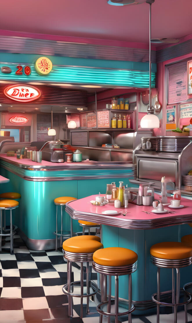 a bar with stools and a counter with a menu