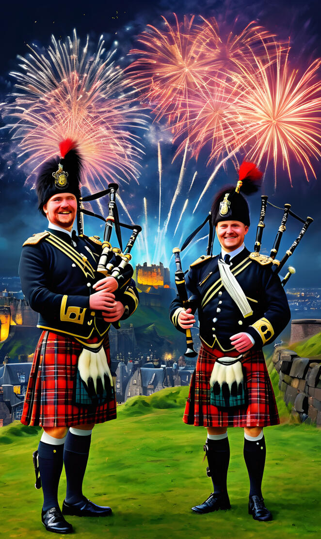 Scottish bagpipers at New Year