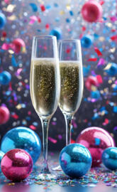 a couple of wine glasses with colorful balls in the background