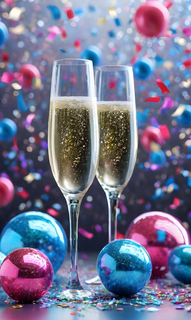 a couple of wine glasses with colorful balls in the background