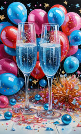 a group of wine glasses with colorful balloons around them