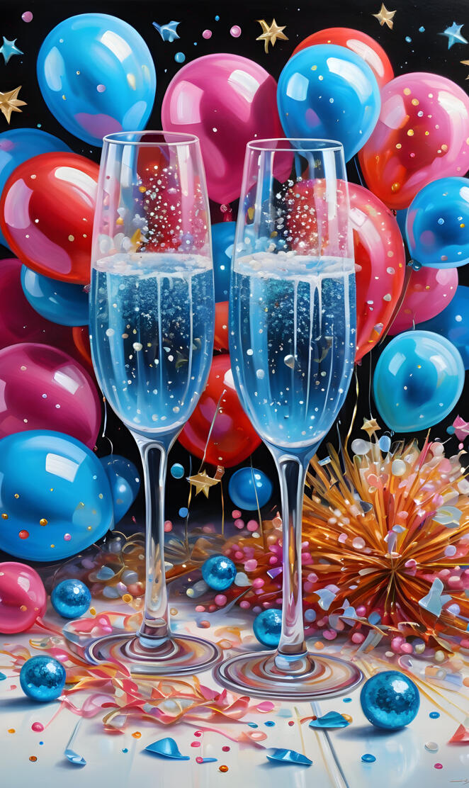 a group of wine glasses with colorful balloons around them