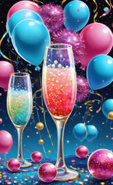 a group of wine glasses with balloons around them