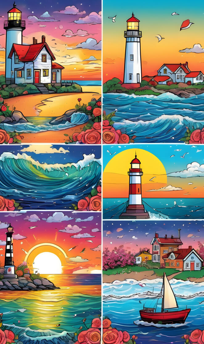 a collage of photos of a lighthouse and a body of water