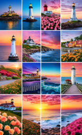 a collage of photos of different lighthouses and flowers
