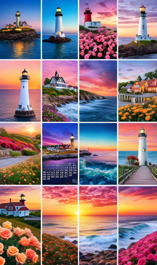 a collage of photos of different lighthouses and flowers