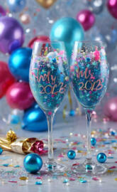 a couple of wine glasses with colorful balls in them