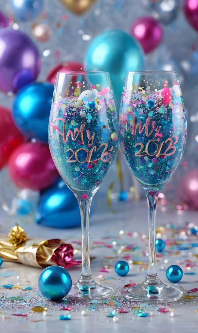 a couple of wine glasses with colorful balls in them