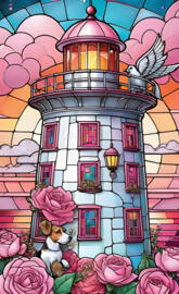 a dog in front of a colorful building