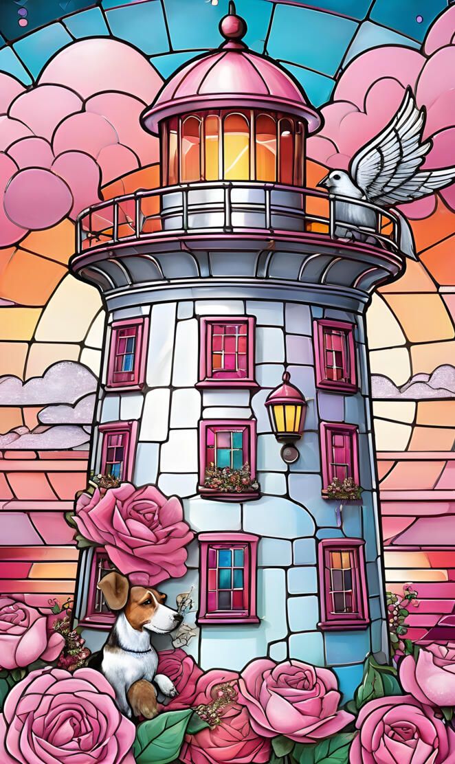 a dog in front of a colorful building