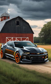 A Black 2025 Chevrolet Camaro SS With Orange Decals On A Farm.