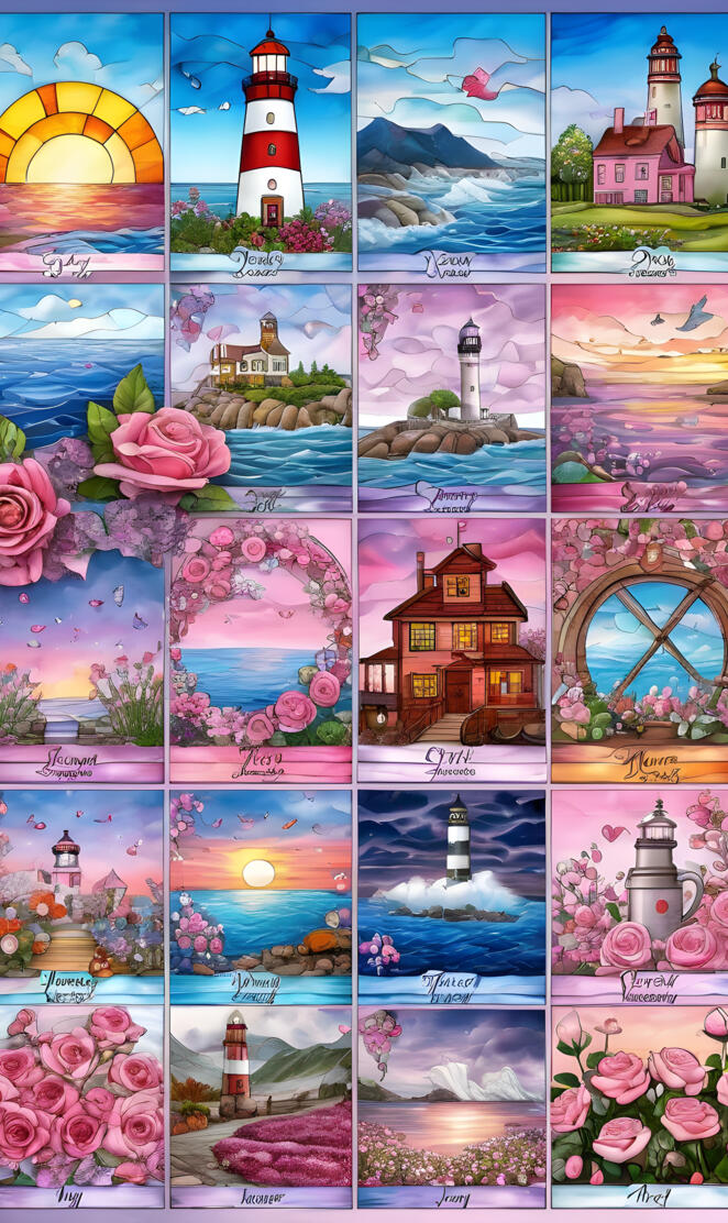 a collage of pictures of a building and a lighthouse
