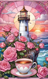 a tea cup and saucer on a table with a painting